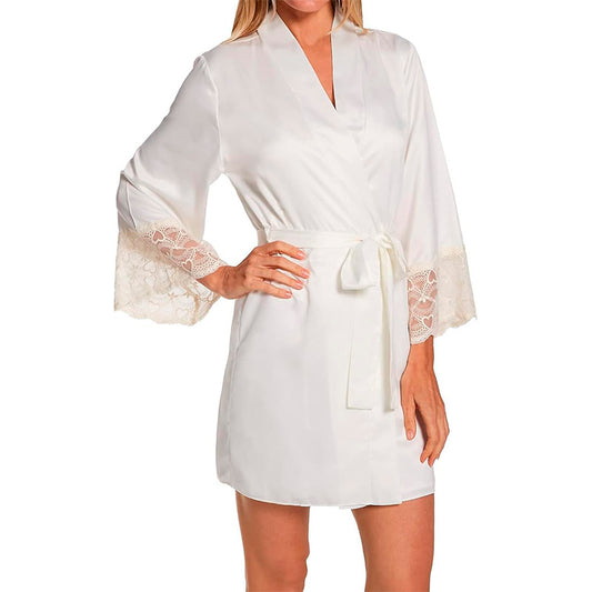 Flora Nikrooz Kit Matte Charmeuse Wrap Robe with Lace Ivory L