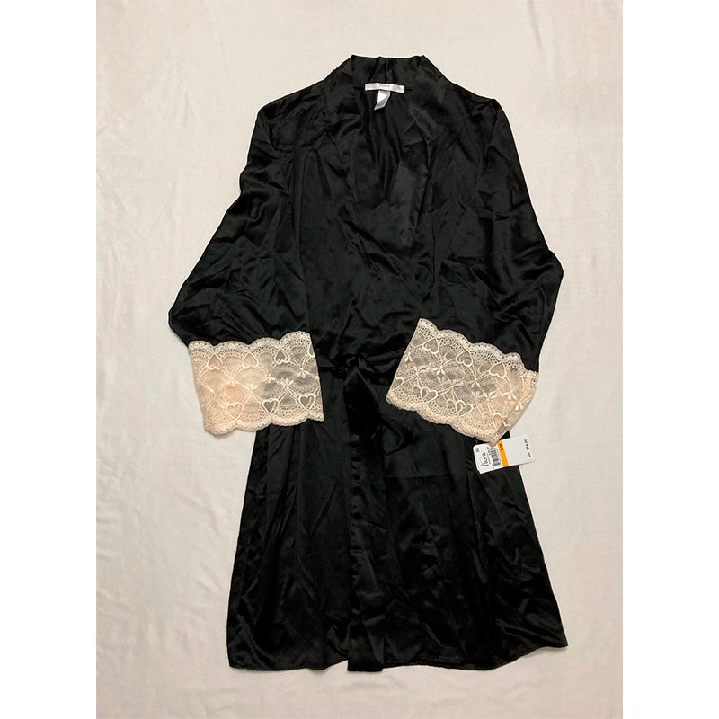 Flora Nikrooz Women's Kit Matte Charmeuse Wrap Robe with Lace Black S/M