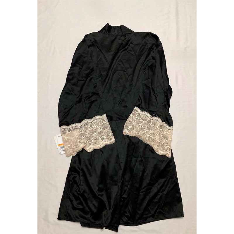 Flora Nikrooz Women's Kit Matte Charmeuse Wrap Robe with Lace Black S/M