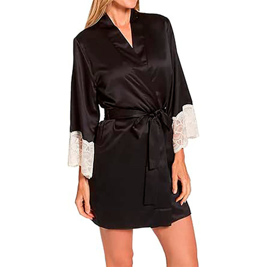 Flora Nikrooz Women's Kit Matte Charmeuse Wrap Robe with Lace Black S/M