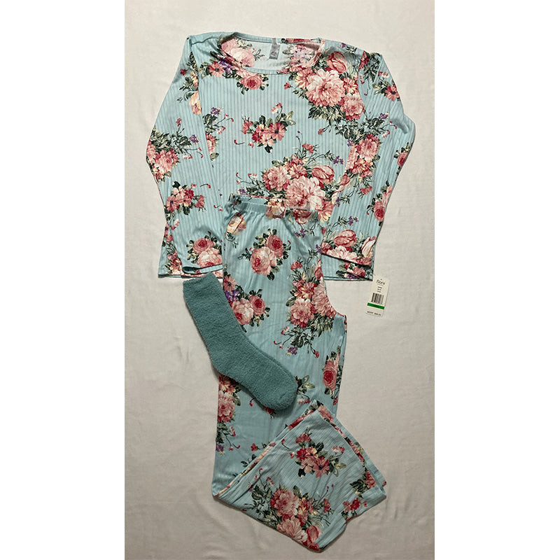 Flora Nikrooz Madonna Rib-Knit Pajama & Socks Set Blue L
