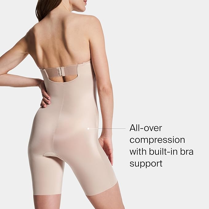 SPANX Suit Your Fancy Strapless Cupped Mid-Thigh Bodysuit CHAMPAGNE BEIGE S