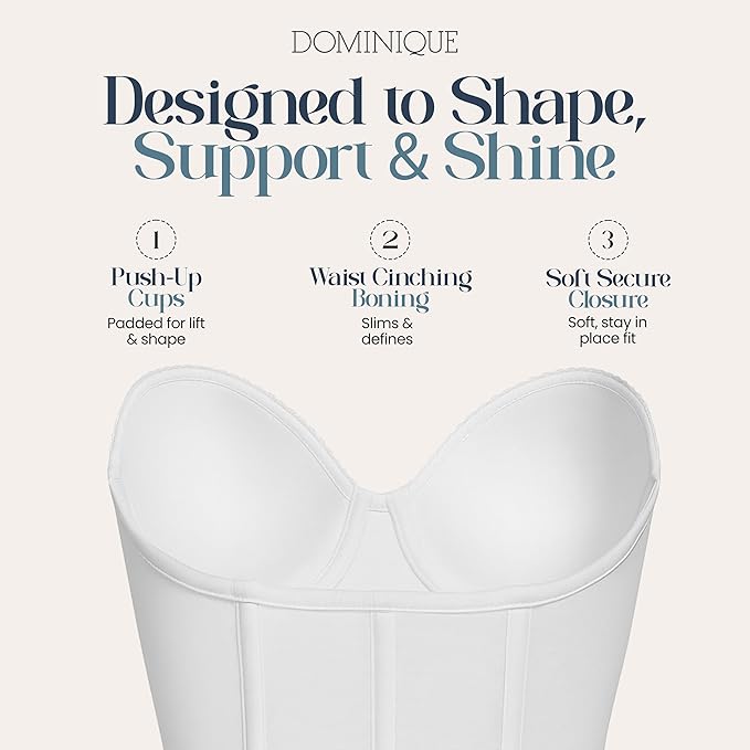 DOMINIQUE Strapless Push-Up Longline Bra Low Back Corset Padded Cups WHITE 38B