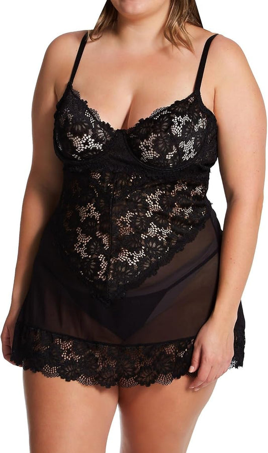 OH LA LA CHERI Page Unlined Lace Cup Chemise with G-String BLACK 1X