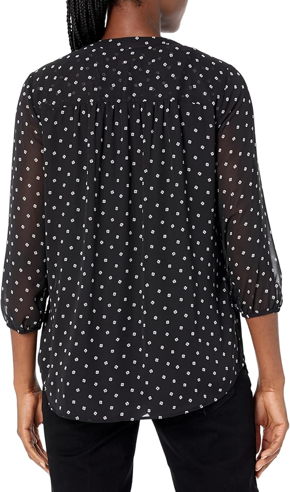 JONES 3/4 Sleeve Pleat Front Printed Tunic Top BLACK XS