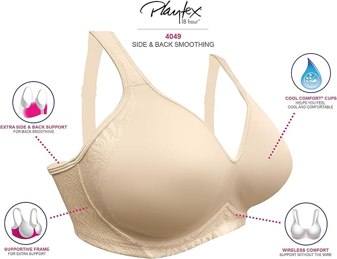 PLAYTEX 18 Hour Side & Back Smoothing Wireless Bra Cooling Wire-Free WHITE 38C