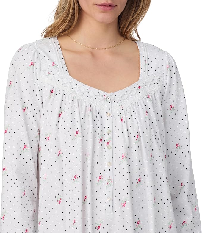 EILEEN WEST Cotton Peached Jersey Knit Long Sleeve Nightgown WHITE M