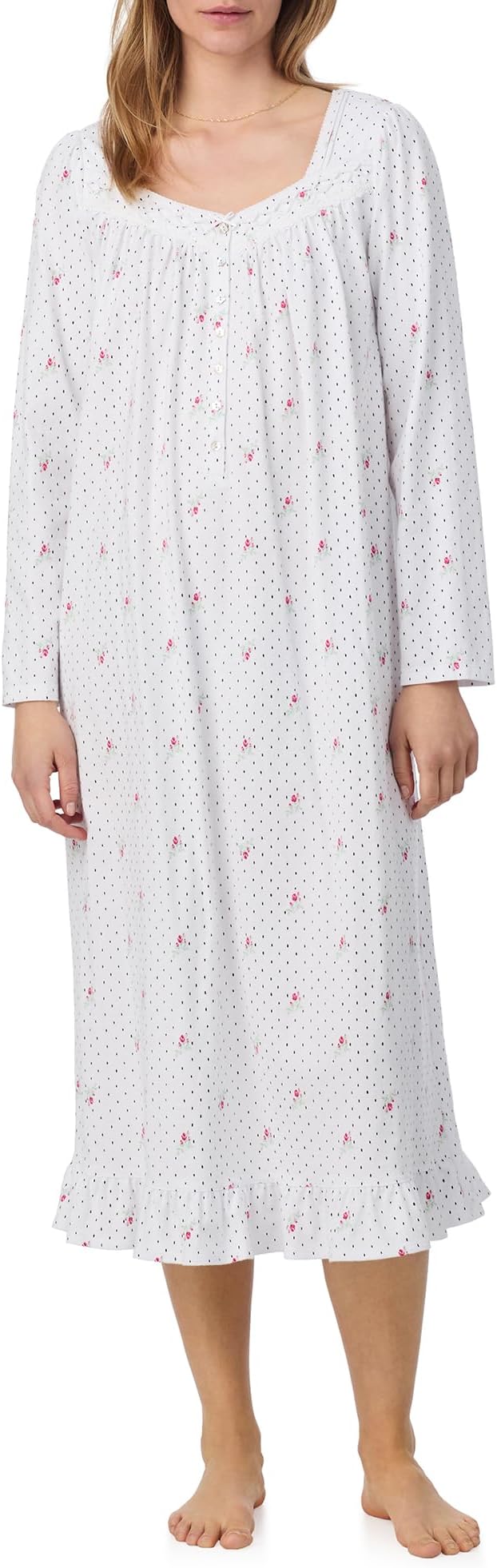 EILEEN WEST Cotton Peached Jersey Knit Long Sleeve Nightgown WHITE M