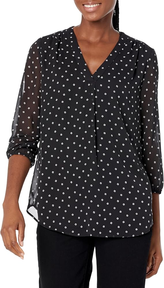 JONES 3/4 Sleeve Pleat Front Printed Tunic Top BLACK XS