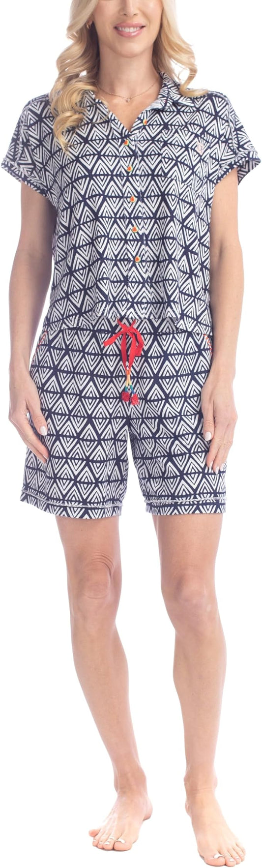 OCEAN PACIFIC Summer Lovin Pajama Set Button Down Shirt Sleep Shorts BLUE GEO XL