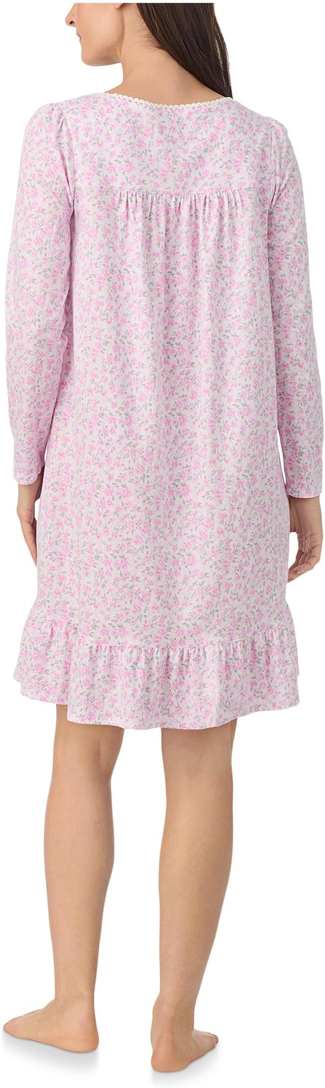 EILLEN WEST Cotton Knit Long Sleeve Short Nightgown PINK ROSEBUD XS