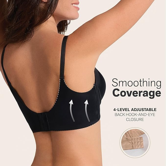 LEONISA Back Smoothing Bras for Women, Full Coverage Underwire Bra BLACK 36C