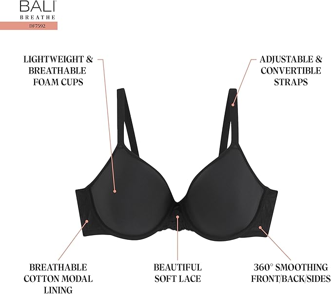 BALI T-Shirt Breathable Lightweight Underwire Bra Convertible Straps BLACK 42D