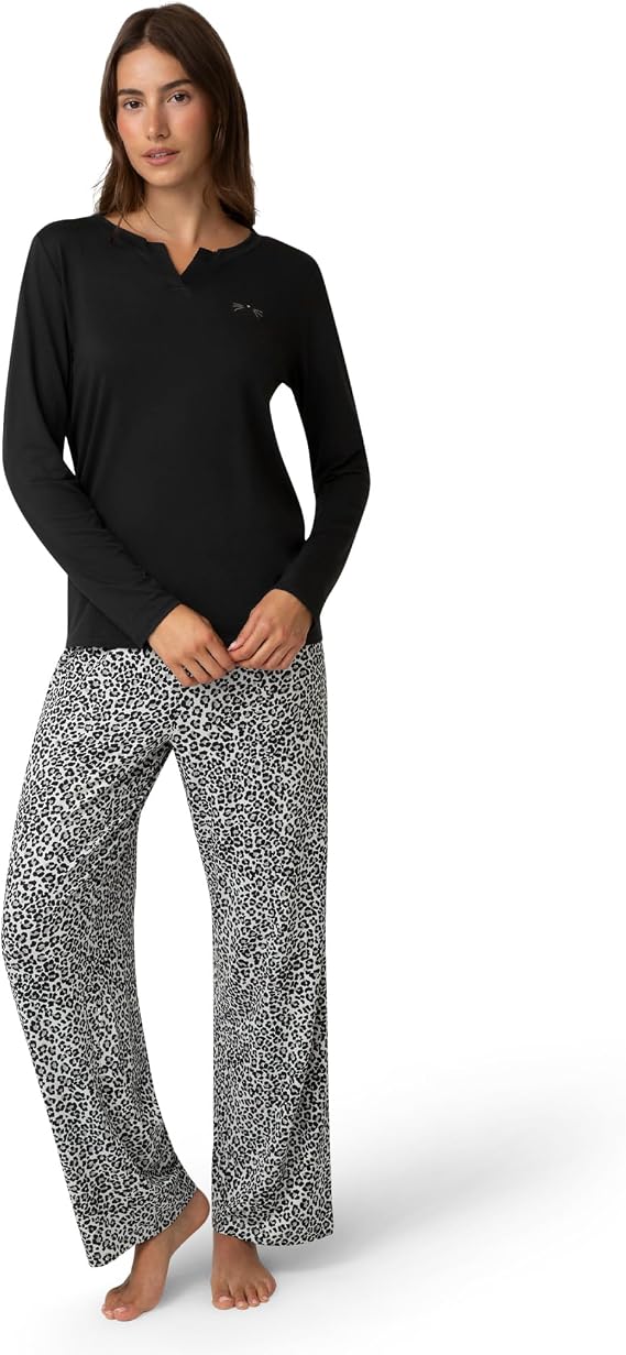 HUE Timeless Soft Jersey Winter Pajama Gift Set Includes Top and Printed BLACK S