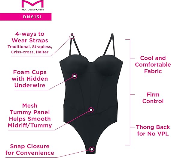 MAIDENFORM Tummy Shaping Thong Bodysuit, Multiway Thong Shaper BLACK 2XL
