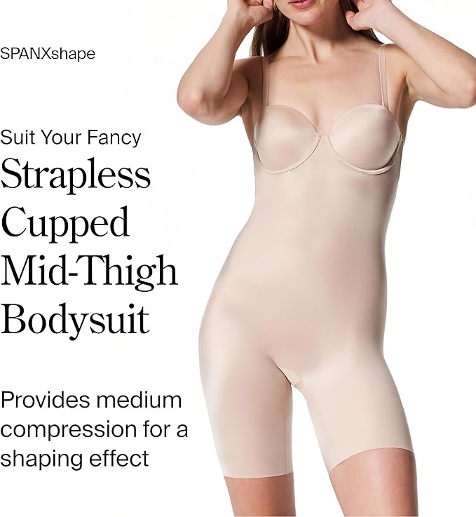 SPANX Suit Your Fancy Strapless Cupped Mid-Thigh Bodysuit CHAMPAGNE BEIGE S
