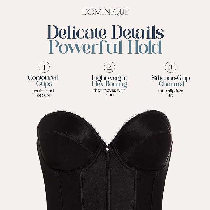 DOMINIQUE Strapless Low Back Satin Longline Bridal Bra BLACK 38B