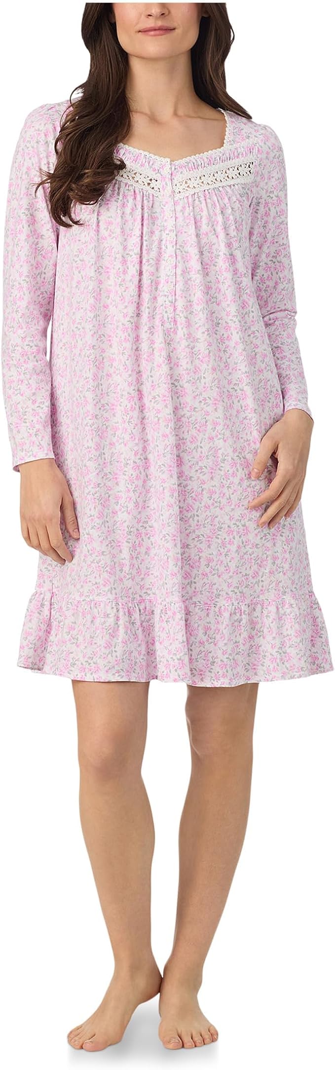 EILLEN WEST Cotton Knit Long Sleeve Short Nightgown PINK ROSEBUD XS