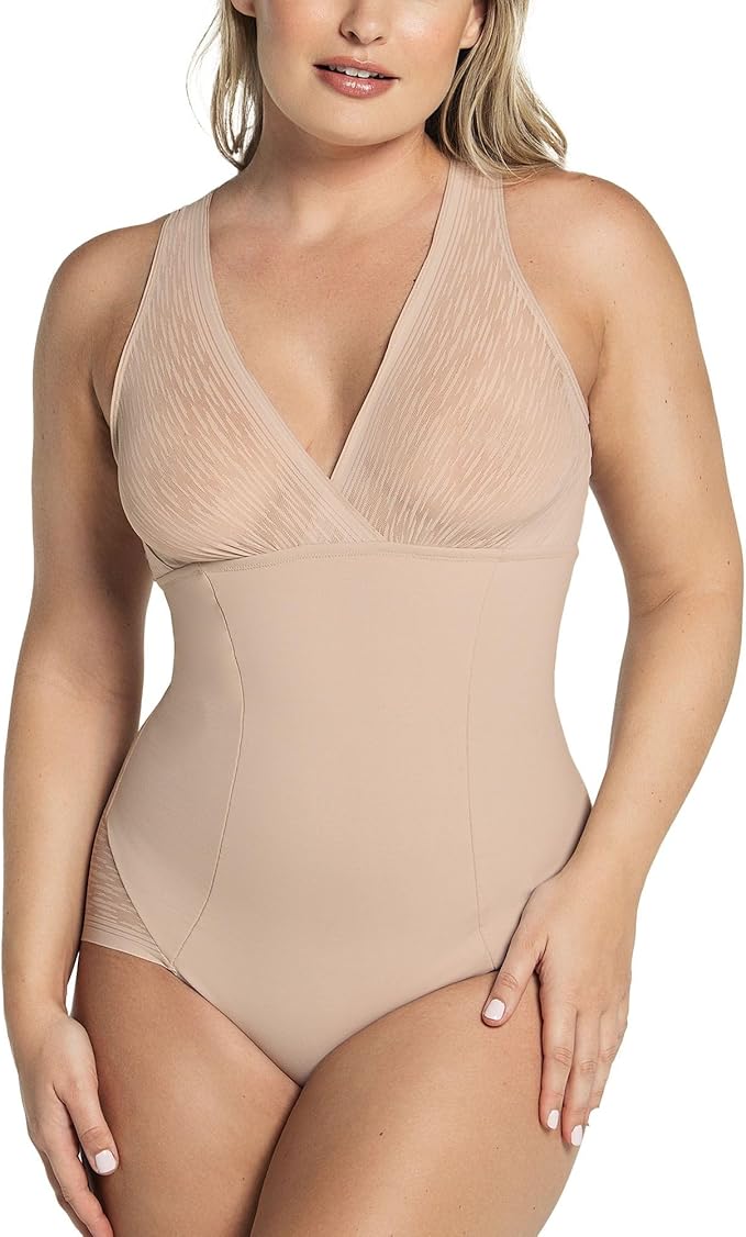 LEONISA Sheer Stripe Detail Sculpting Bodysuit Tummy Control Shapewear BEIGE XL