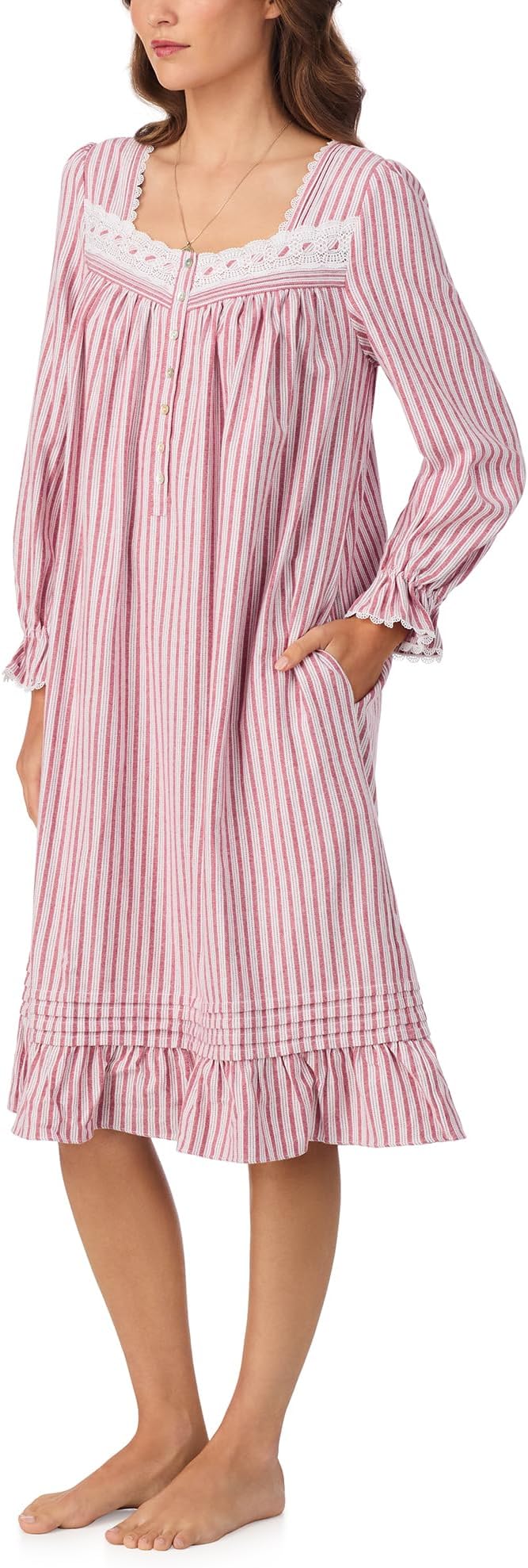 EILEEN WEST Cotton Long Sleeve Waltz Nightgown PINK CANDYCANE S