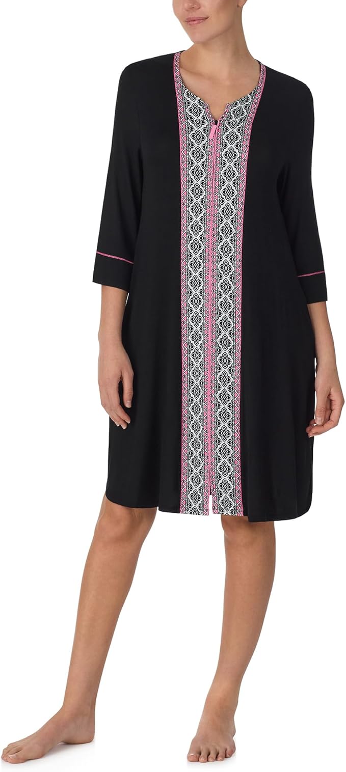 ELLEN TRACY Robe - Soft Stretch Jersey 3/4 Sleeve Zip Front Lounge Robe BLACK M