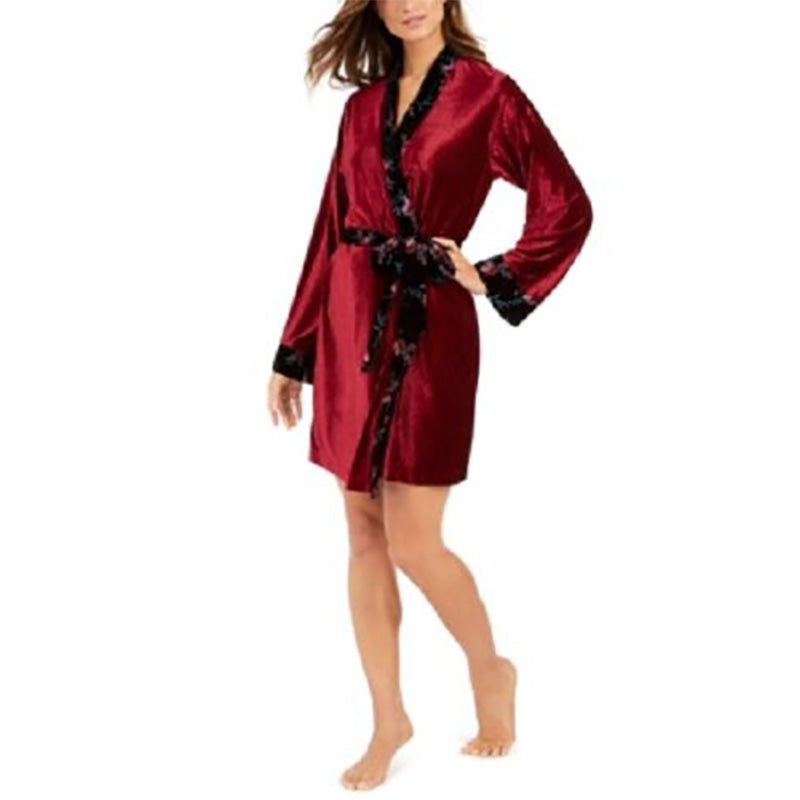 INC Women's Floral Trim Velvet Ribbed Robe,Cherry Pie M