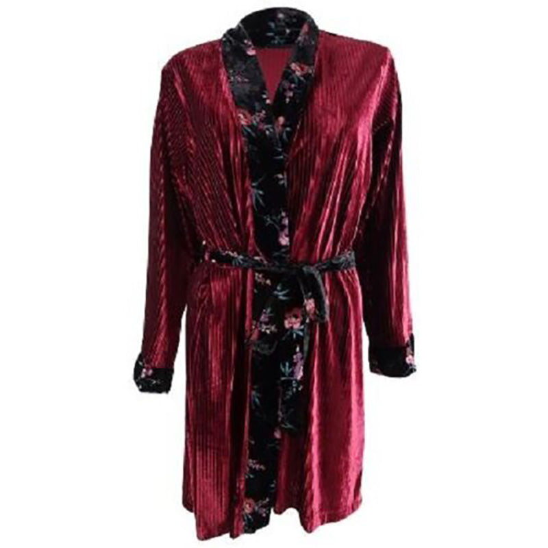 INC Women's Floral Trim Velvet Ribbed Robe,Cherry Pie M