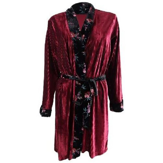 INC Women's Floral Trim Velvet Ribbed Robe,Cherry Pie M