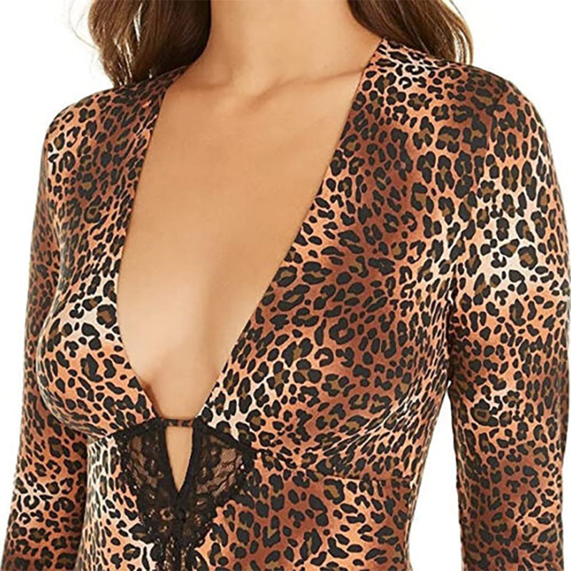 INC Leopard-Print Lace-Trim Thong Bodysuit Leopard M