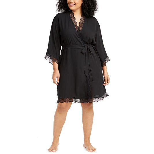 INC Lace-Trim Chiffon Wrap Robe Black 2X
