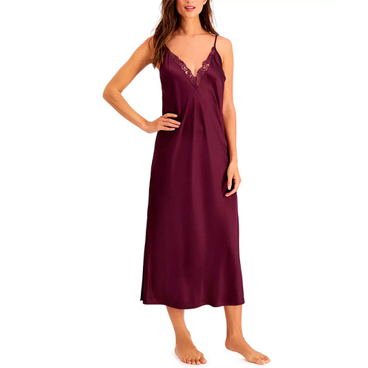 INC Lace-Trim Satin Long Chemise Nightgown Dark Merlot 2XL