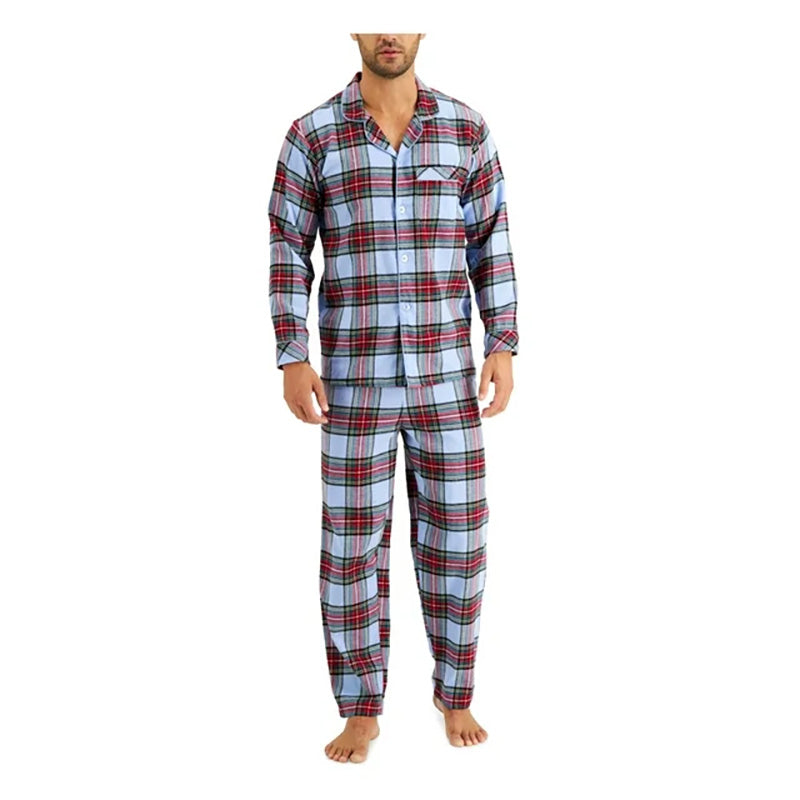 FAMILY PJs Sets Knit Plaid Long Sleeve V Neck Button Up Blue L