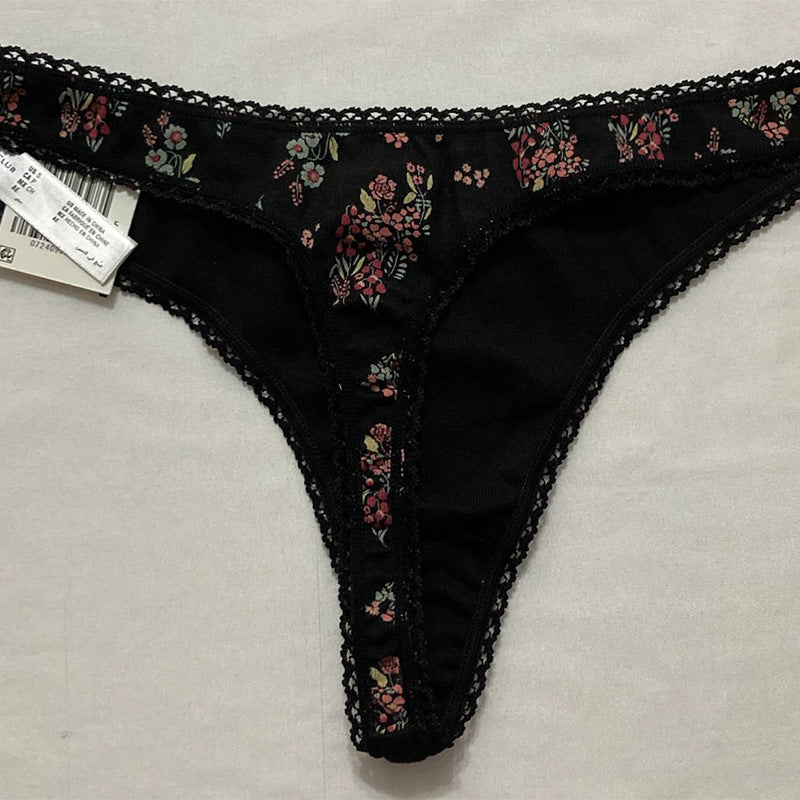 Charter Club Lace Trim Cotton Thong Black Floral S