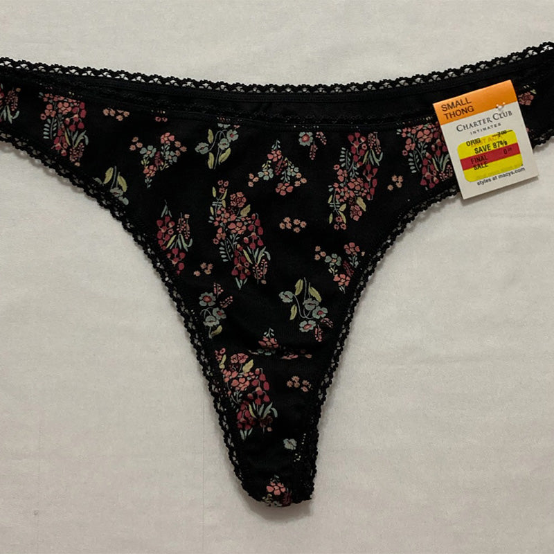Charter Club Lace Trim Cotton Thong Black Floral S