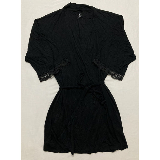 INC Up All Night Heavenly Soft Lace-Trim Knit Wrap Robe Black L