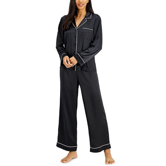INC Satin Notch Collar Pajama Set Black XS