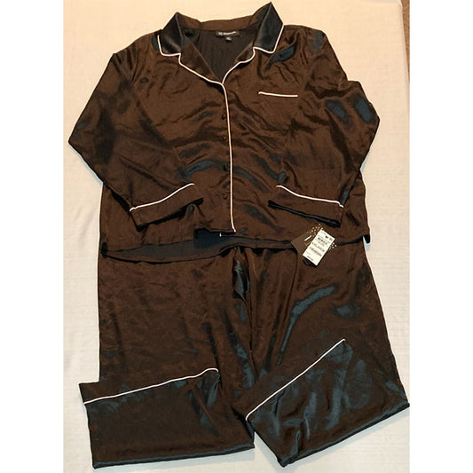 INC  Satin Notch Collar Pajama Set Black 2XL