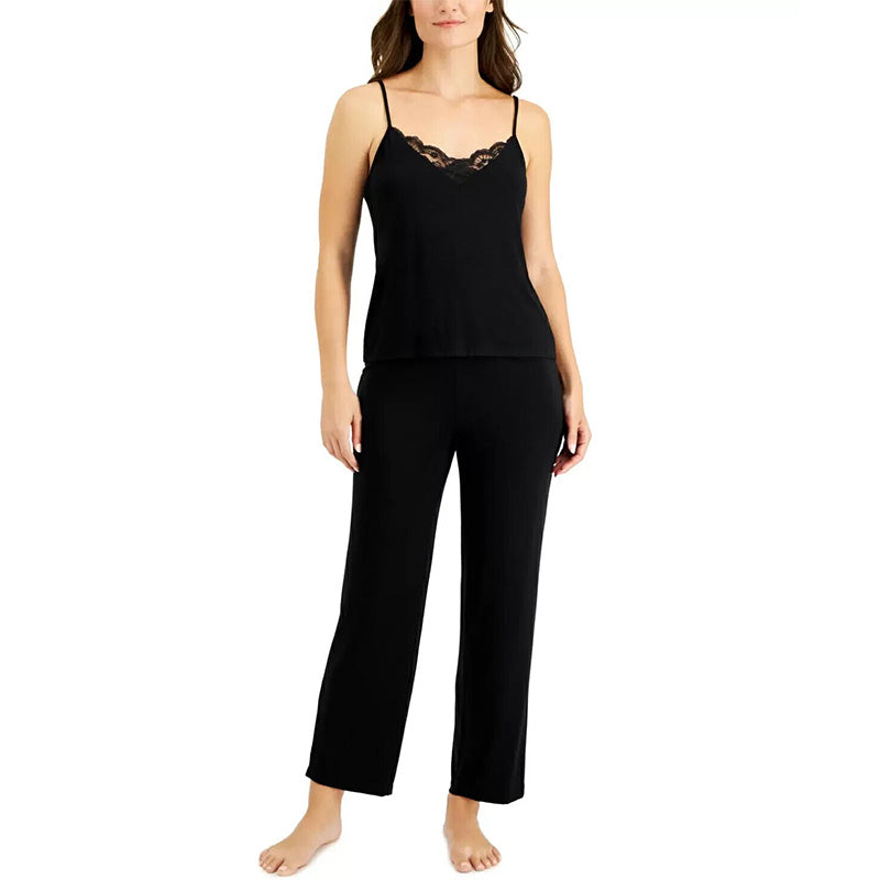 INC Knit Lace-Trim Cami Pajama Set Black L