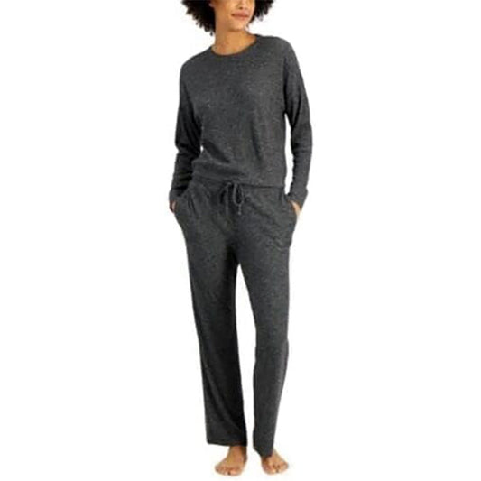 ALFANI Ribbed Wide Leg Pajama Set Black Ice Heather S