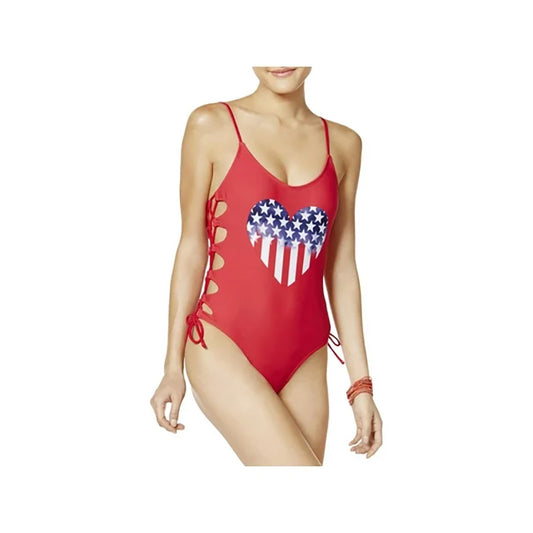 California Waves Side Tie Heart One-Piece Swimsuit Red S