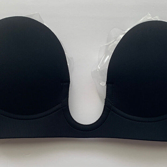Fashion U Plunge Backless Strapless Adhesive Bra, Black, A