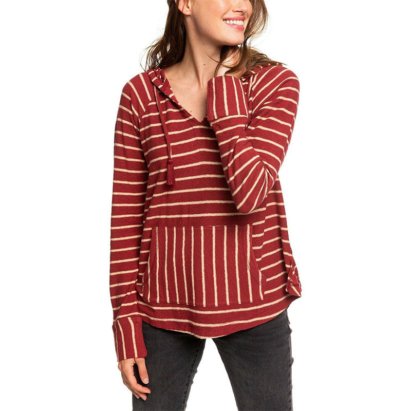Roxy Juniors' Long Night Striped Hooded Top, Ruhbarb Basic Stripes, M
