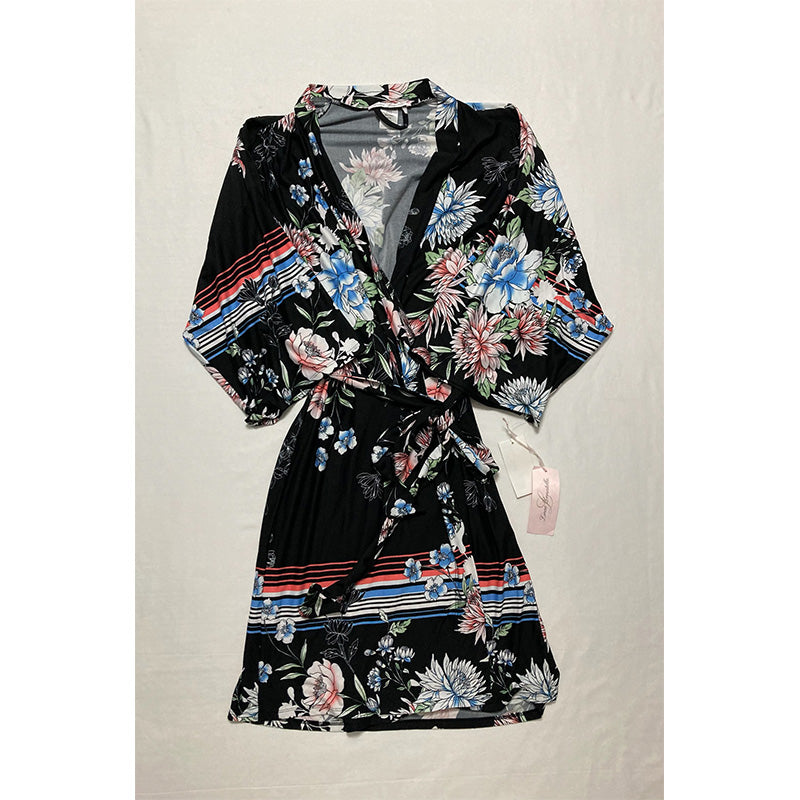 Linea Donatella Floral-Print Satin Wrap Robe Multicolor S/M