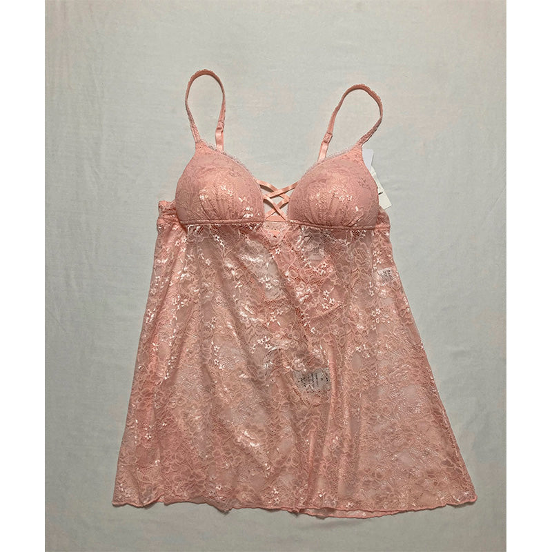 Linea Donatella Paisley Allover Lace Babydoll & Thong 2pc Lingerie Set Coral M