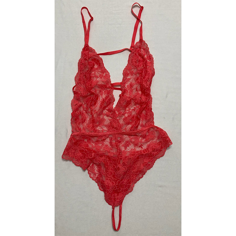 Linea Donatella Sexy Lace Teddy & Wrap Robe Lingerie Set Coral M