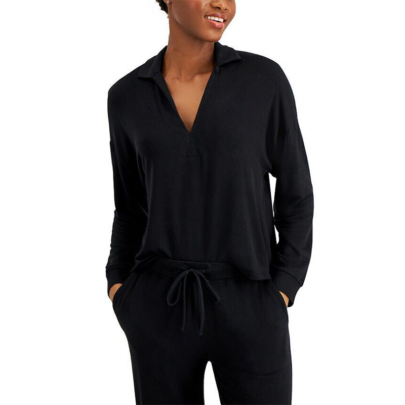 Alfani Collared French Terry V-Neck Only Sleep Top Black 2XL