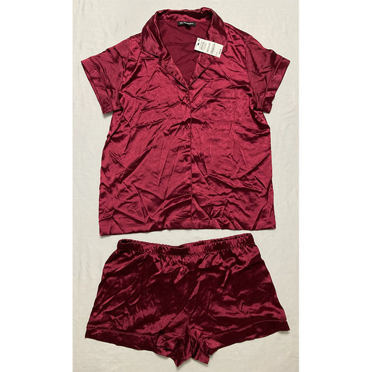 INC Satin Notched Collar Top & Pajama Shorts Burgundy M