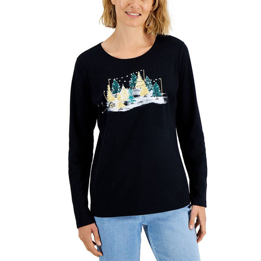 Karen Scott Long-Sleeve Holiday Top Deep Black XL