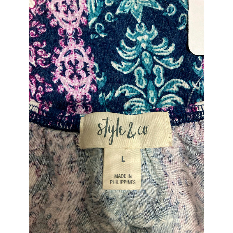 Style & Co Printed V-Neck Peasant Top Multicolor L