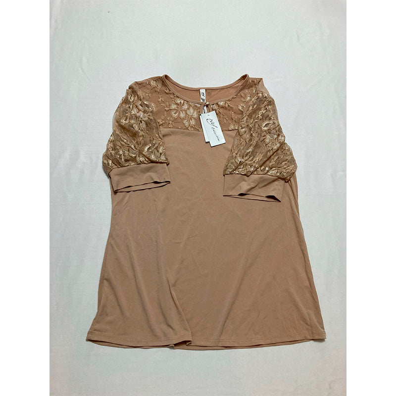 NY Collection Short Puff Sleeve Top with Lace Sleeves and Yoke L